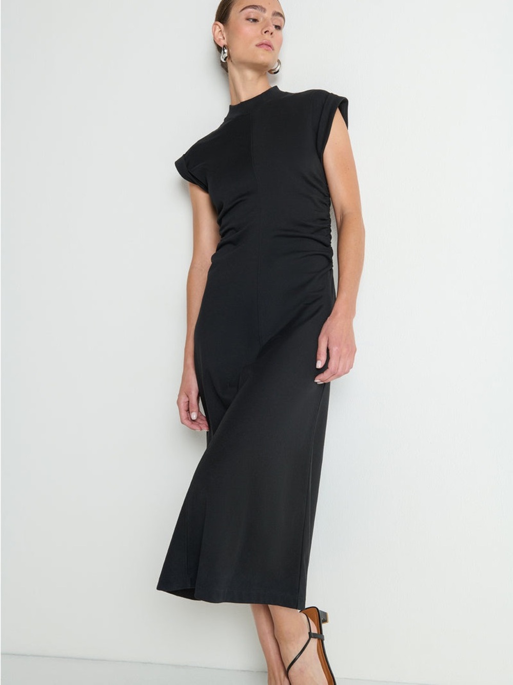 Nation LTD Neva Dress NWT XS Jet Black Ruched Midi Dress $198